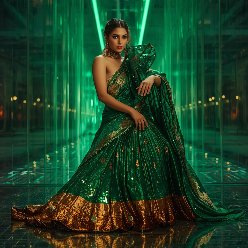 Emerald Inferno Quantum Saree with Holographic Solar Crown Corridors | instagram trending prompt copy and paste — AI image prompt